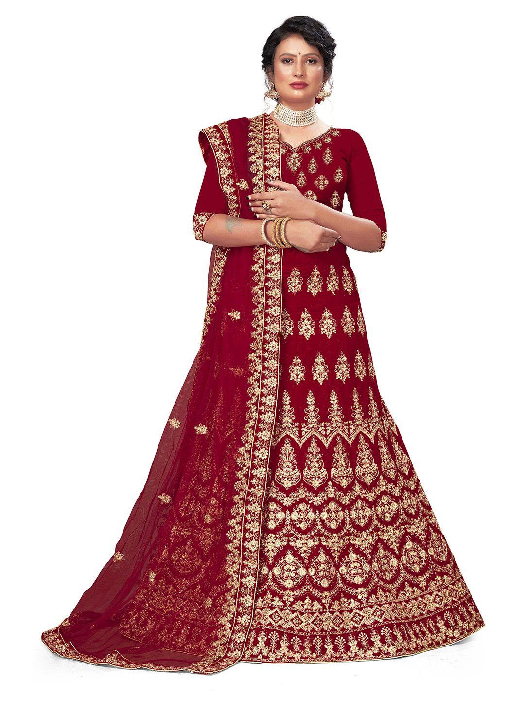 MANVAA Ethnic Motif Embroidered Semi-Stitched Lehenga & Unstitched Blouse With