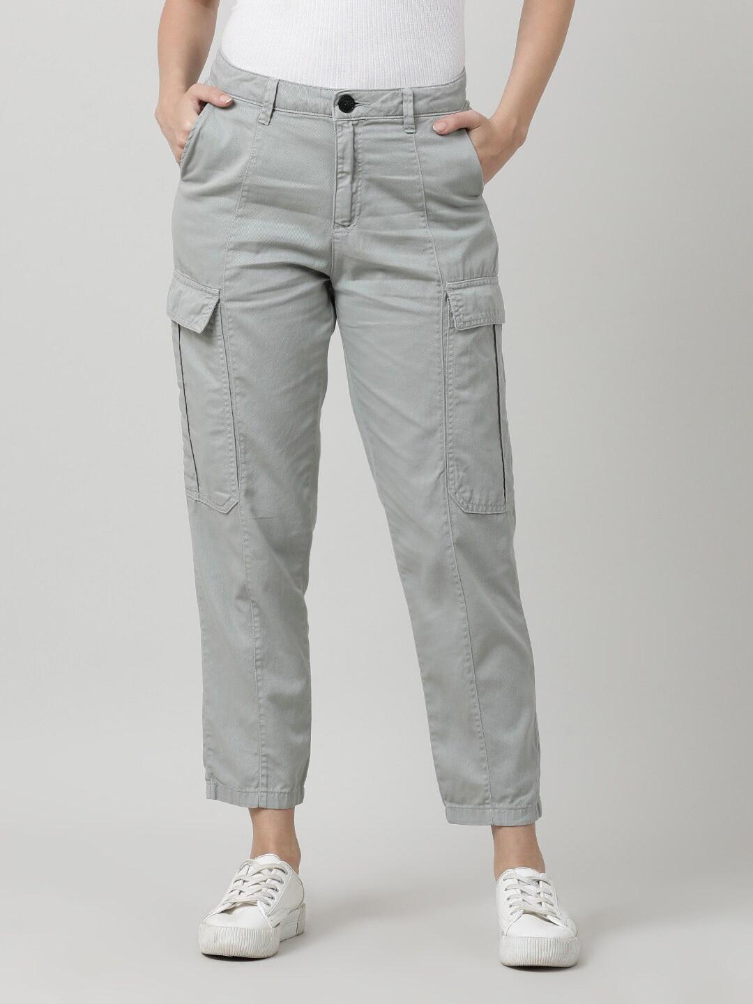 IVOC Women Grey Mid-Rise Cotton Cargos Trousers