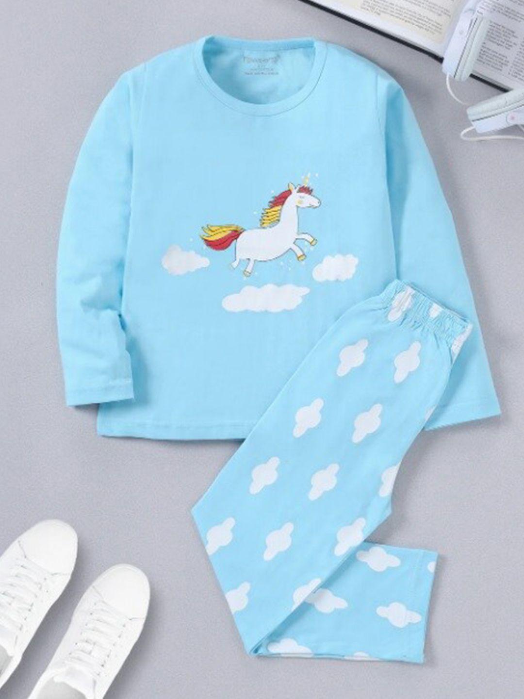 BAESD Girls Unicorn Printed Round Neck Cotton T-Shirt And Pyjama
