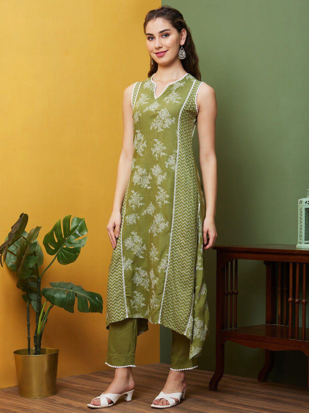 Globus Green & White Floral Printed Panelled A-Line Kurta With Trouser