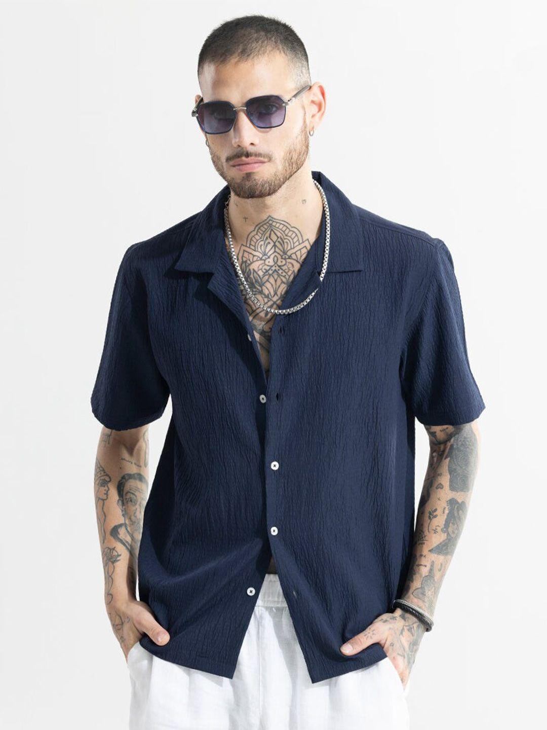 snitch-navy-blue-textured-cuban-collar-classic-boxy-cotton-casual-shirt