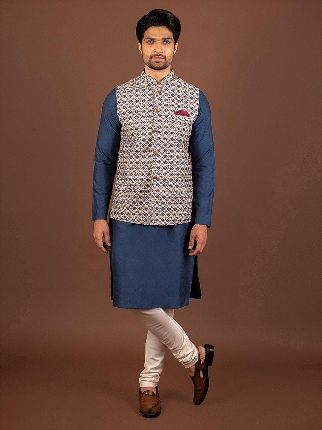 KISAH Regular Kurta With Churidar & Woven Design Nehru Jacket