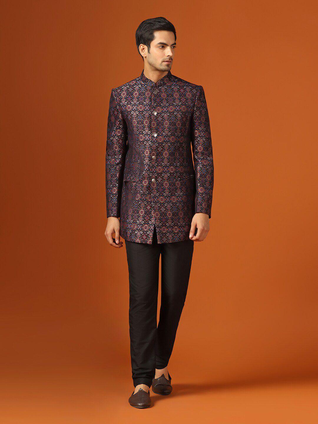 KISAH Ethnic Motifs Woven Design Mandarin Collar Sherwani Set