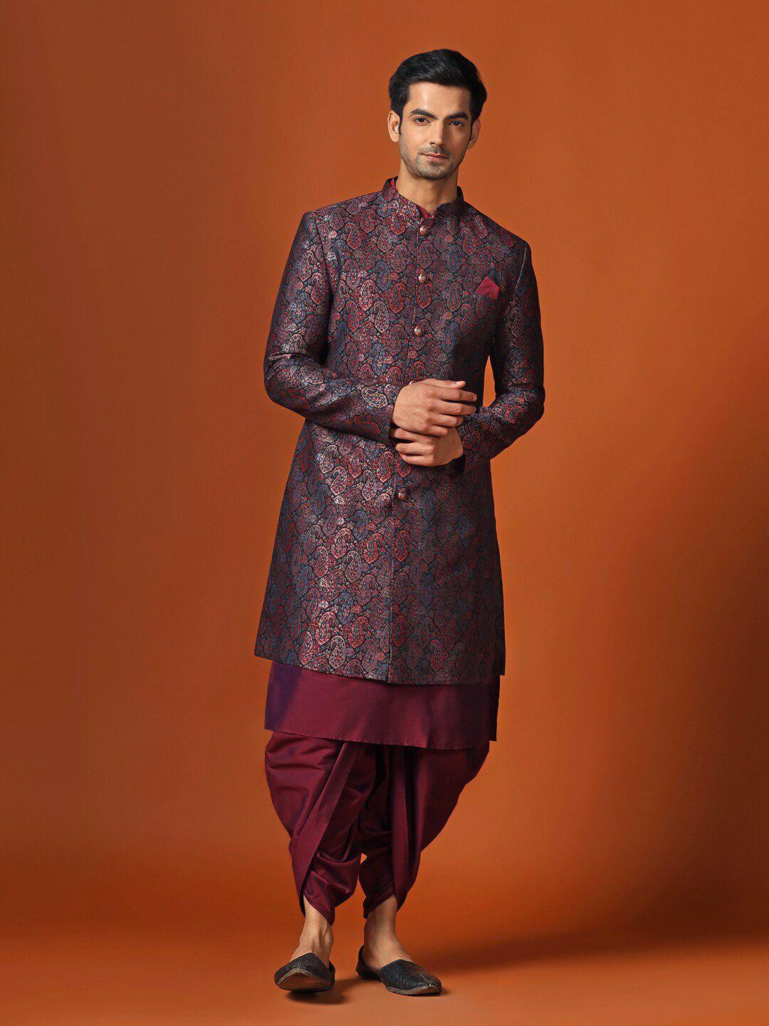 KISAH Paisley Woven Design Mandarin Collar Sherwani Set
