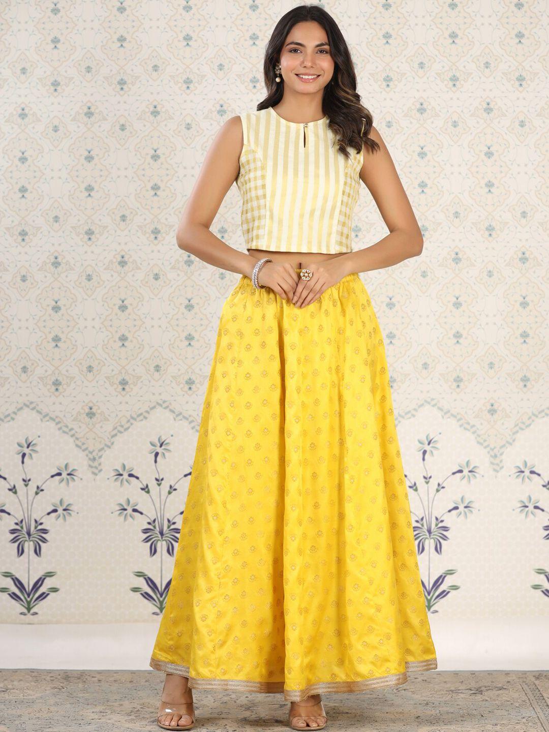 Ode by House of Pataudi Yellow Butti Printed Flared Maxi Skirt
