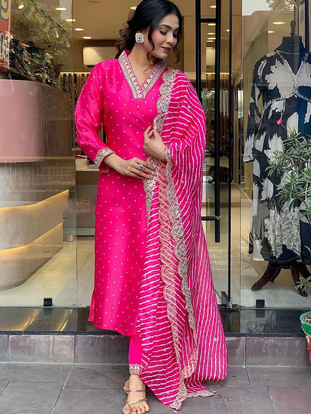 KALINI Women Pink Bandhani Embroidered Regular Gotta Patti Kurta with Trousers & With Dupatta