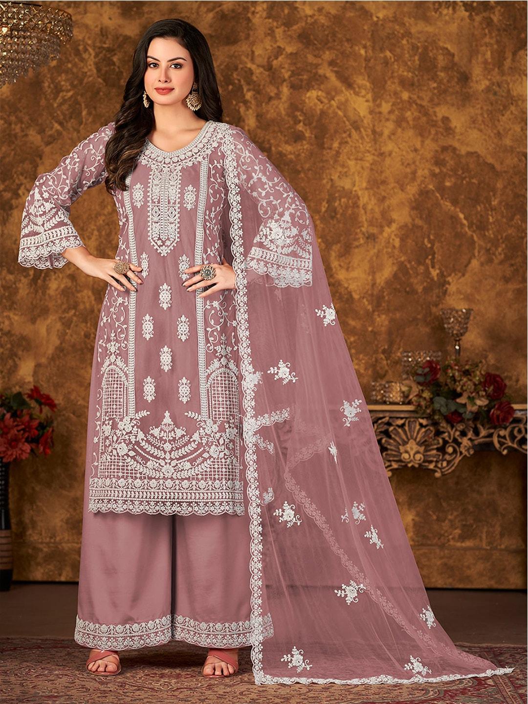 ODETTE Ethnic Motifs Embroidered Thread Work Detailed Net Semi-Stitched Dress Material