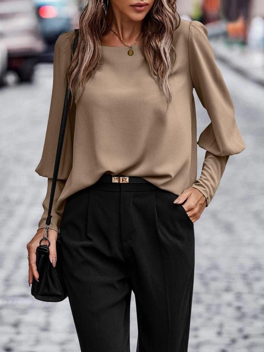 stylecast-brown-boat-neck-cuffed-sleeves-top