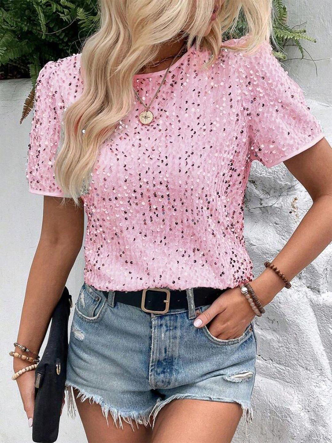 stylecast-pink-embellished-puff-sleeves-top