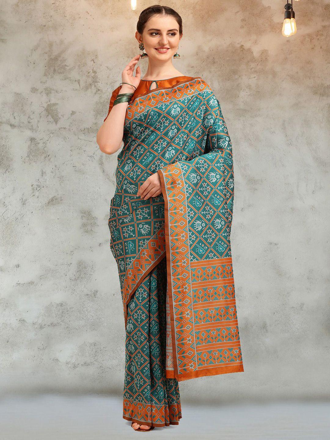 mitera-turquoise-blue-&-orange-ethnic-motifs-woven-design-zari-silk-cotton-patola-saree