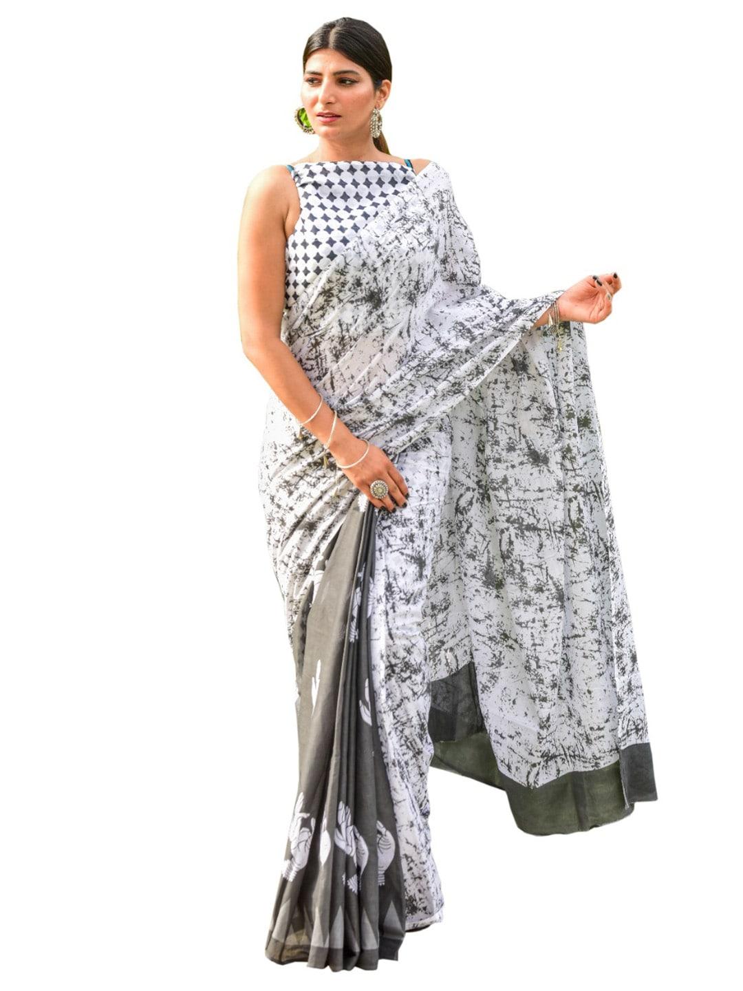 kiaaron-grey-&-white-pure-cotton-block-print-saree