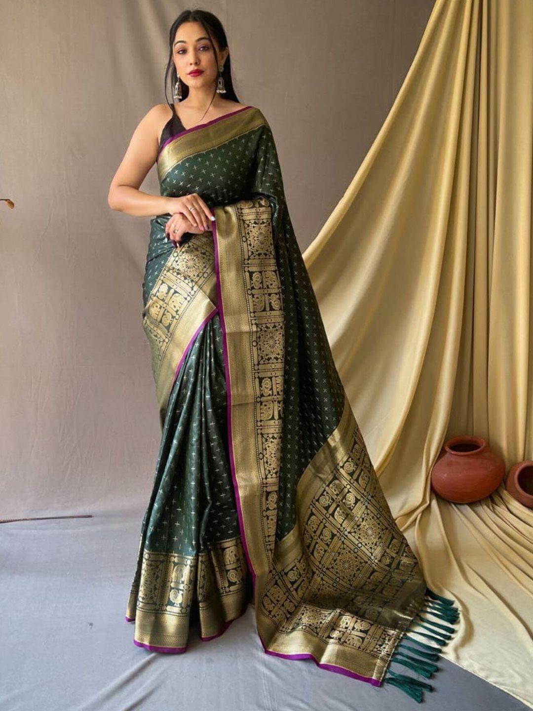 LeeliPeeri Designer Green & Gold-Toned Woven Design Zari Silk Blend Saree