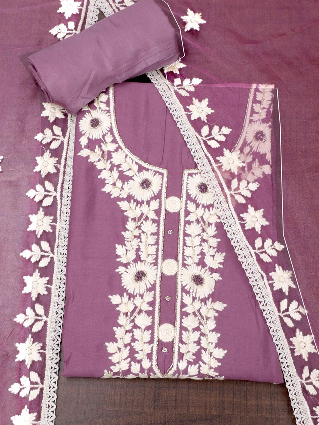 SALWAR STUDIO Purple & White Embroidered Pure Silk Unstitched Dress Material