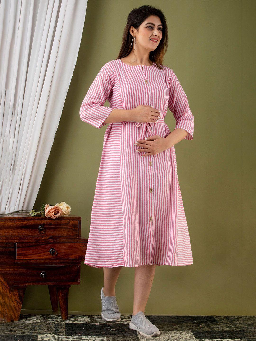 unibliss-pink-striped-printed-maternity-cotton-midi-a-line-dress