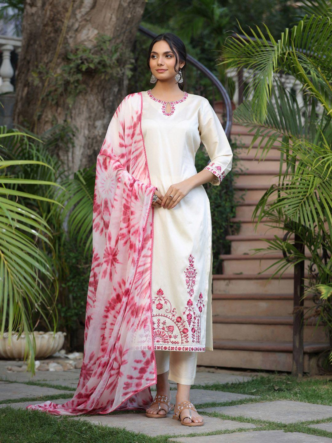 KALINI Floral Embroidered Straight Kurta With Trousers & Dupatta