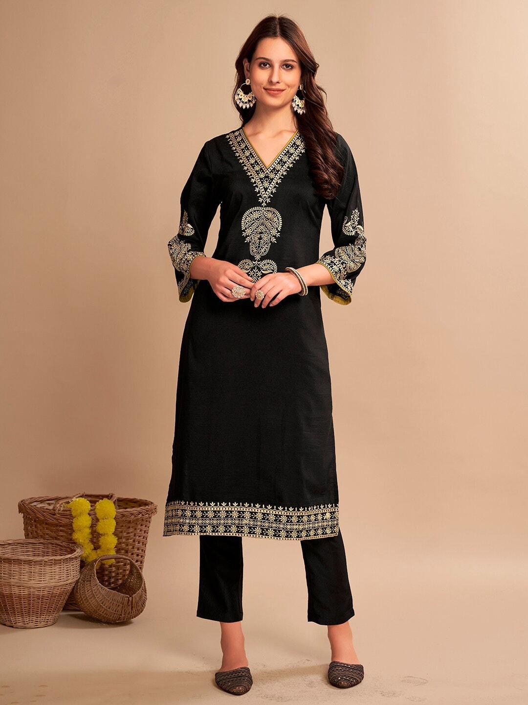 anouk-black-embroidered-regular-thread-work-straight-kurta-with-trousers