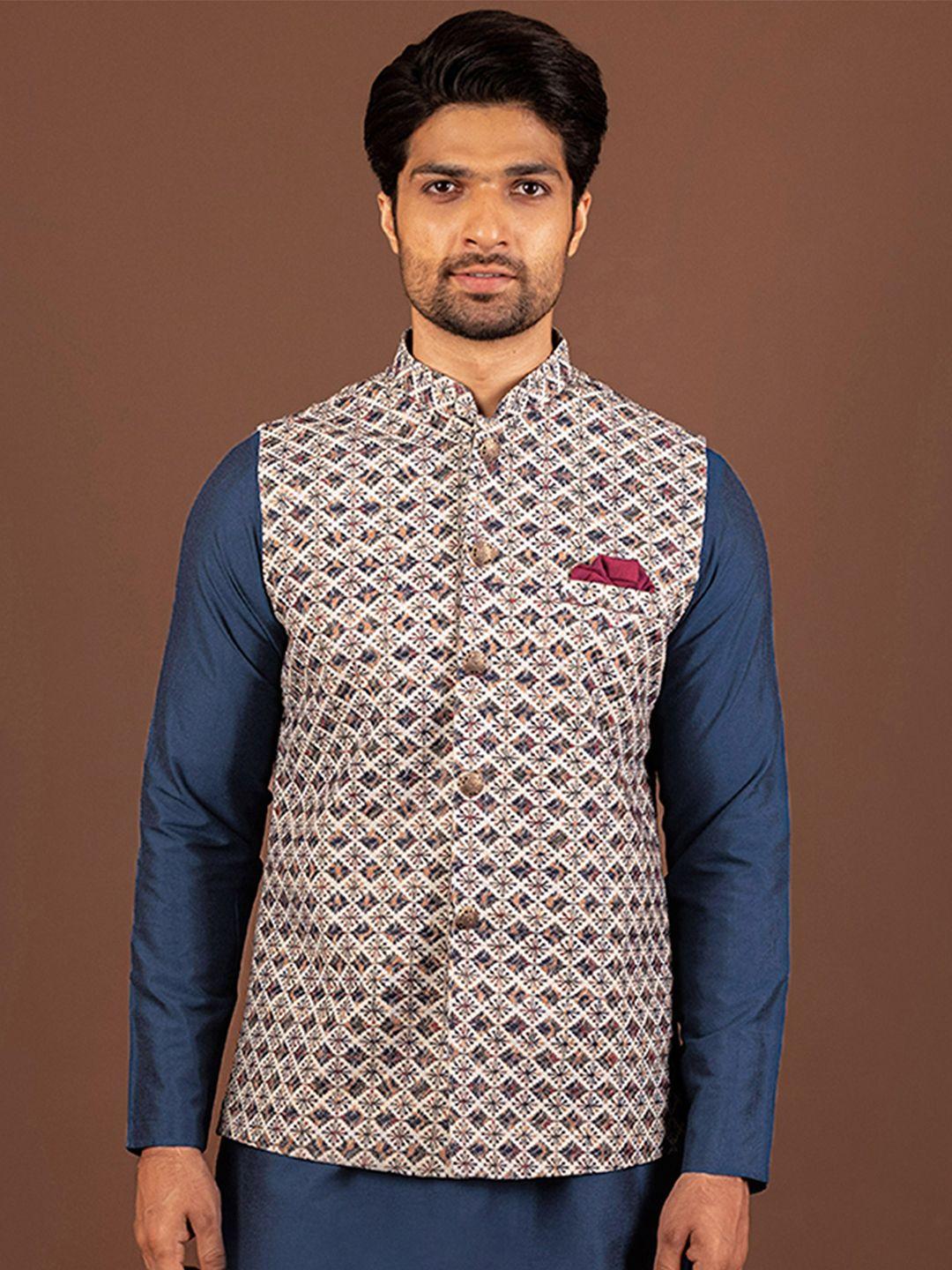 KISAH Ethnic Motifs Woven Design Mandarin Collar Nehru Jacket With Pocket Square