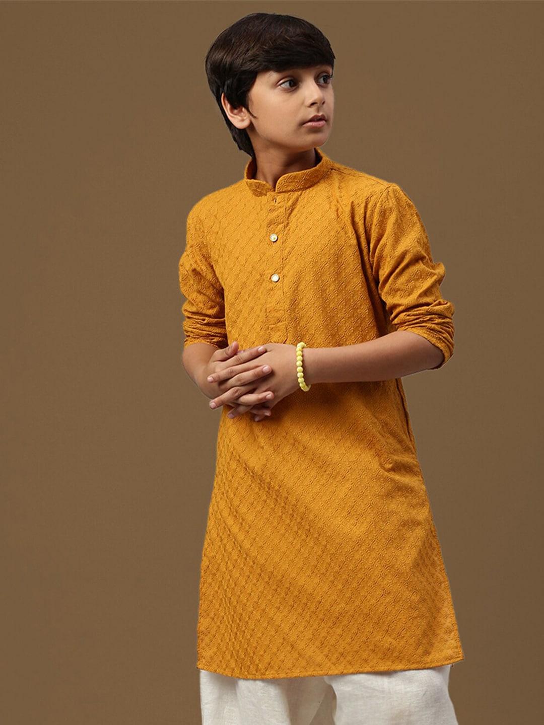 Sanwara Boys Mandarin collar Long Sleeves Thread Work Pastels Cotton Kurta