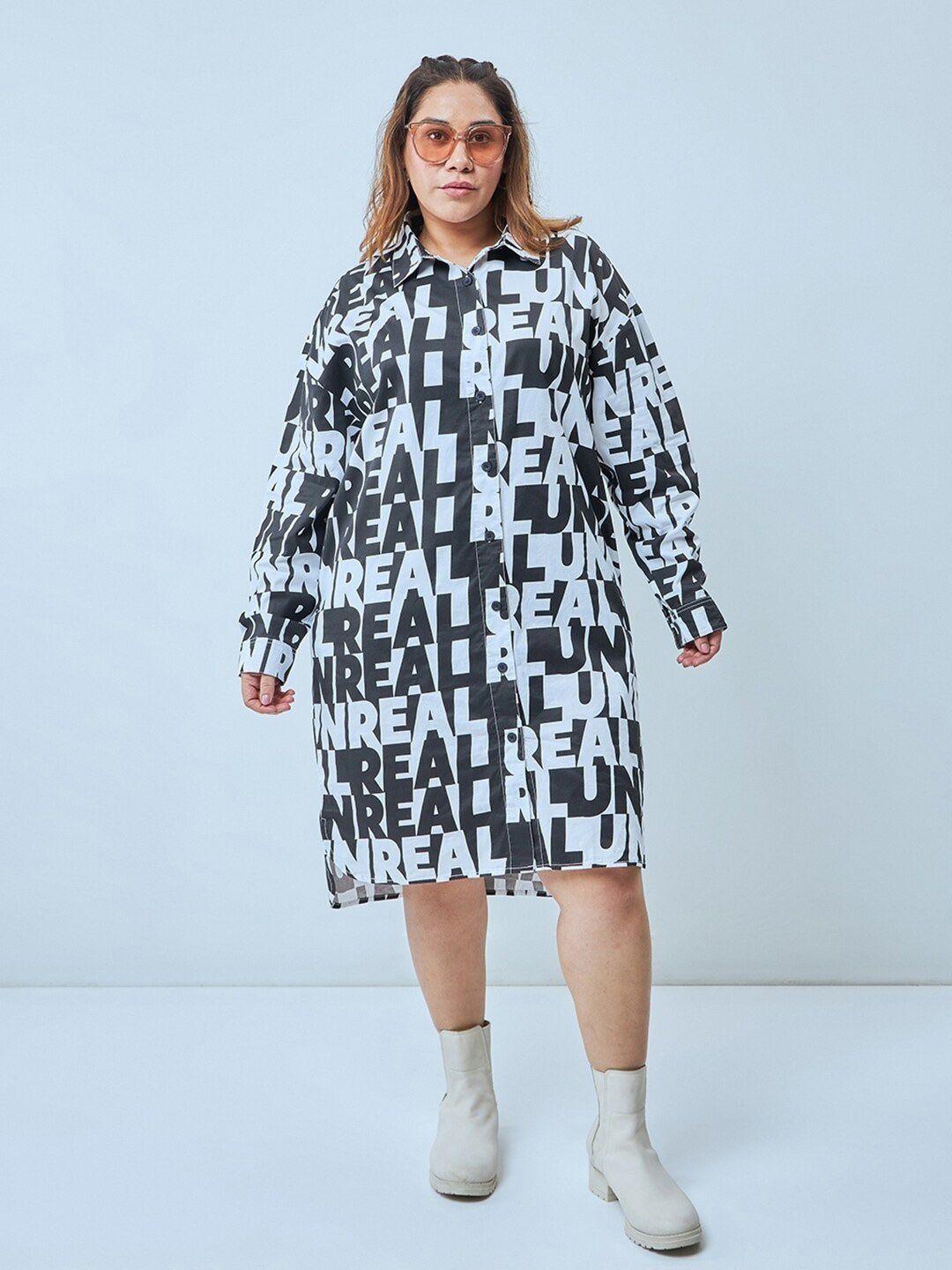 Bewakoof Plus Size Typography Printed Cuffed Sleeves Cotton Oversized Shirt Dress