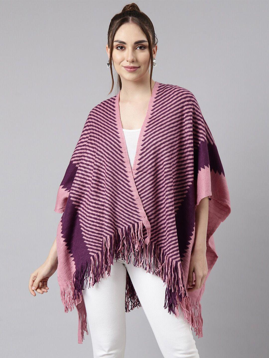 SHOWOFF Striped Shawl Collar Three-Quarter Sleeves Longline Poncho With Fringed Sweater