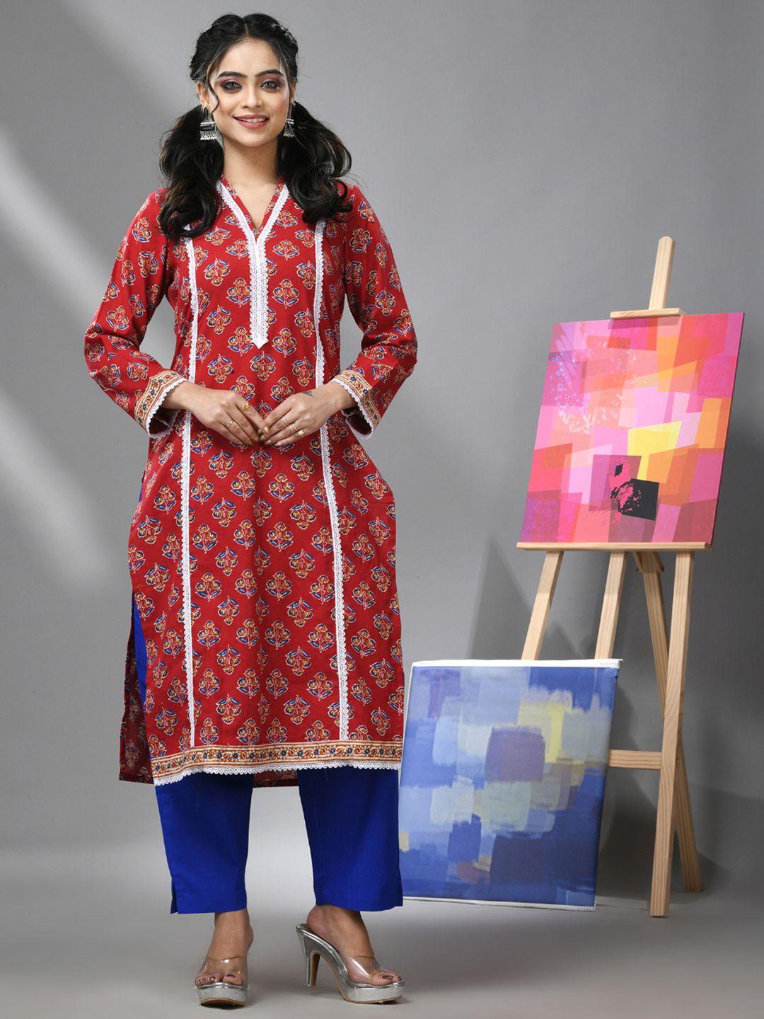 Charukriti Women Red Floral Printed Regular Pure Cotton Kurta with Trousers