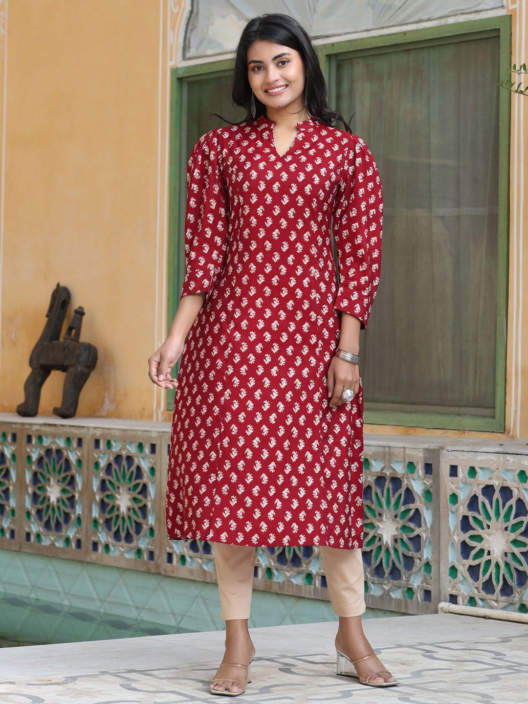 jaipur-kurti-red-mandarin-collar-ethnic-motifs-printed-puff-sleeves-a-line-kurta