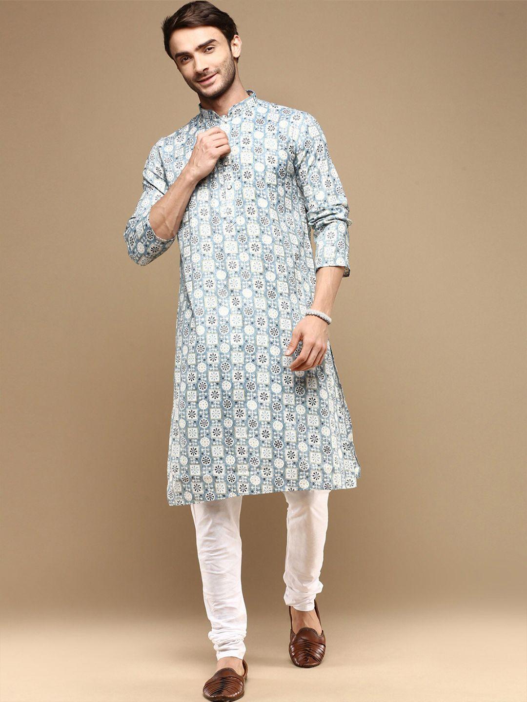 sanwara-mandarin-collar-long-sleeves-ethnic-motifs-printed-regular-kurta-with-churidar