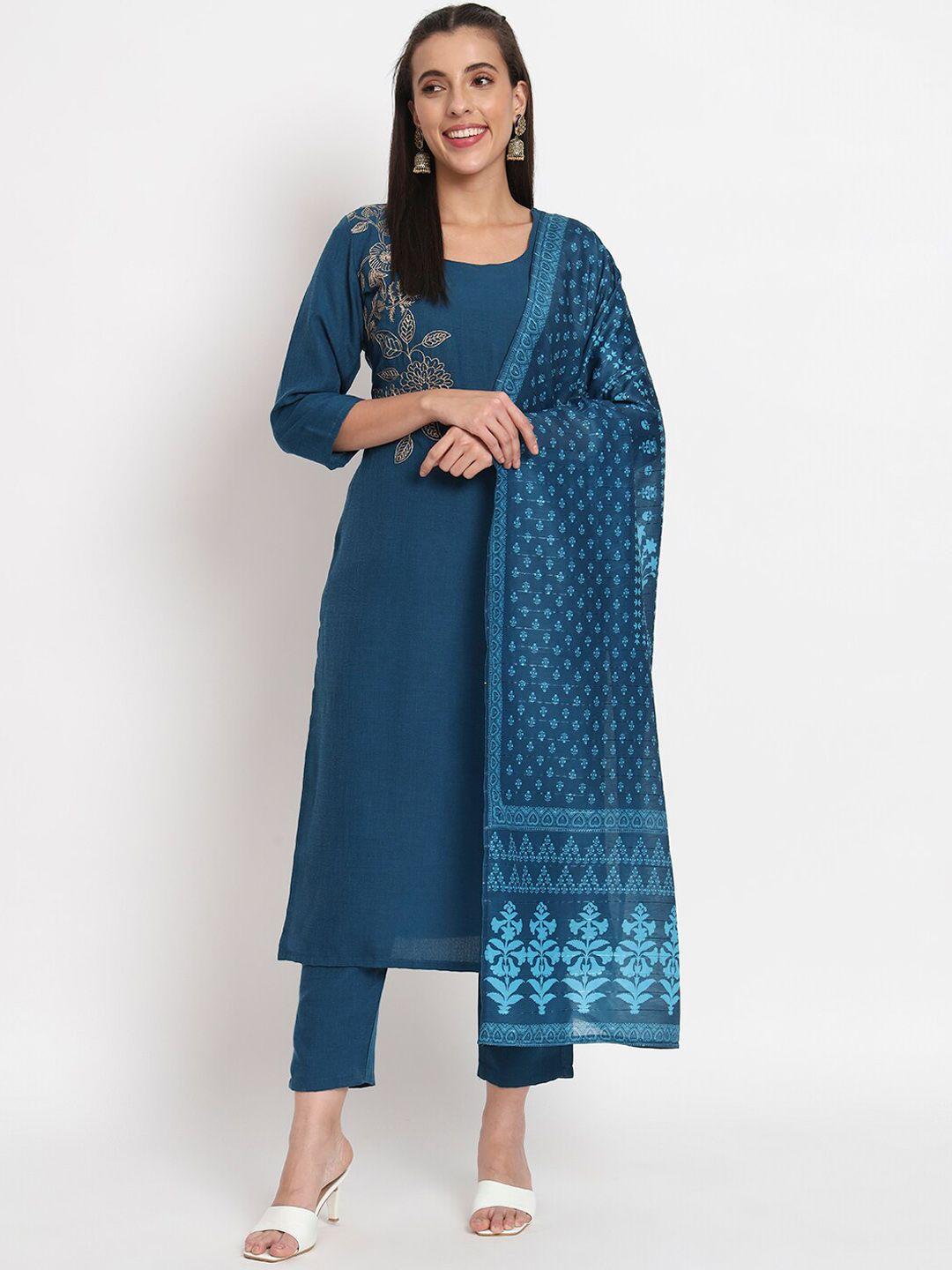 salwat-women-floral-embroidered-regular-thread-work-kurta-with-trousers-&-with-dupatta