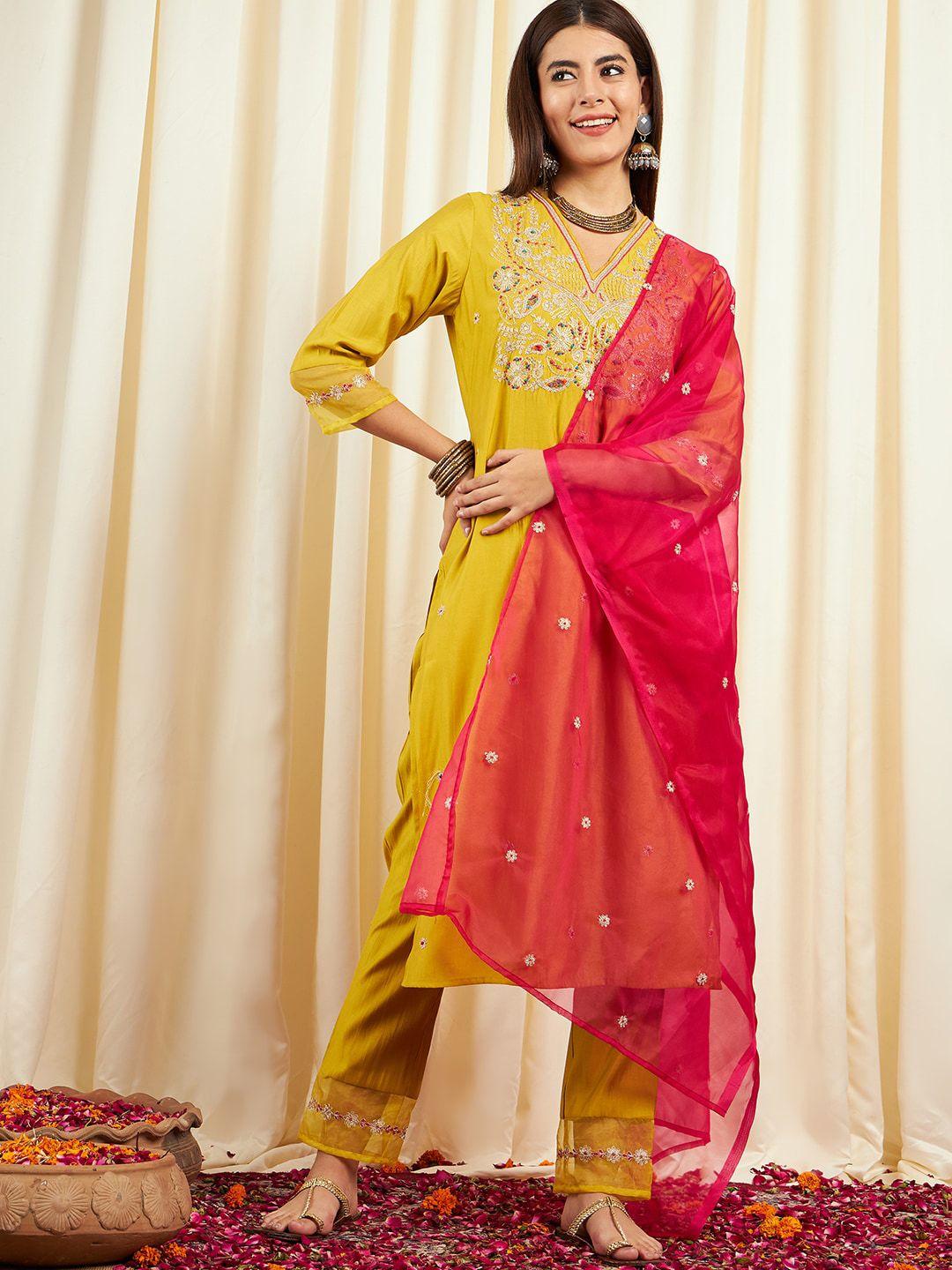 Sangria Ethnic Motifs Embroidered Pure Silk Straight Kurta & Trousers With Dupatta