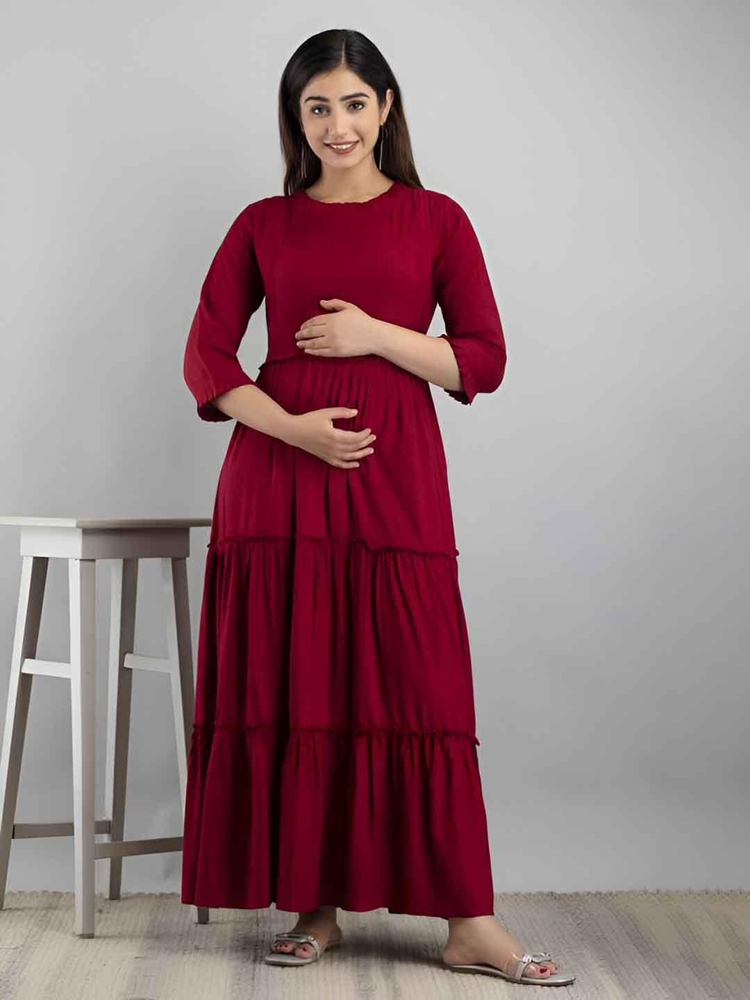 BAESD Round Neck Three-Quarter Sleeves Maternity Maxi Dress