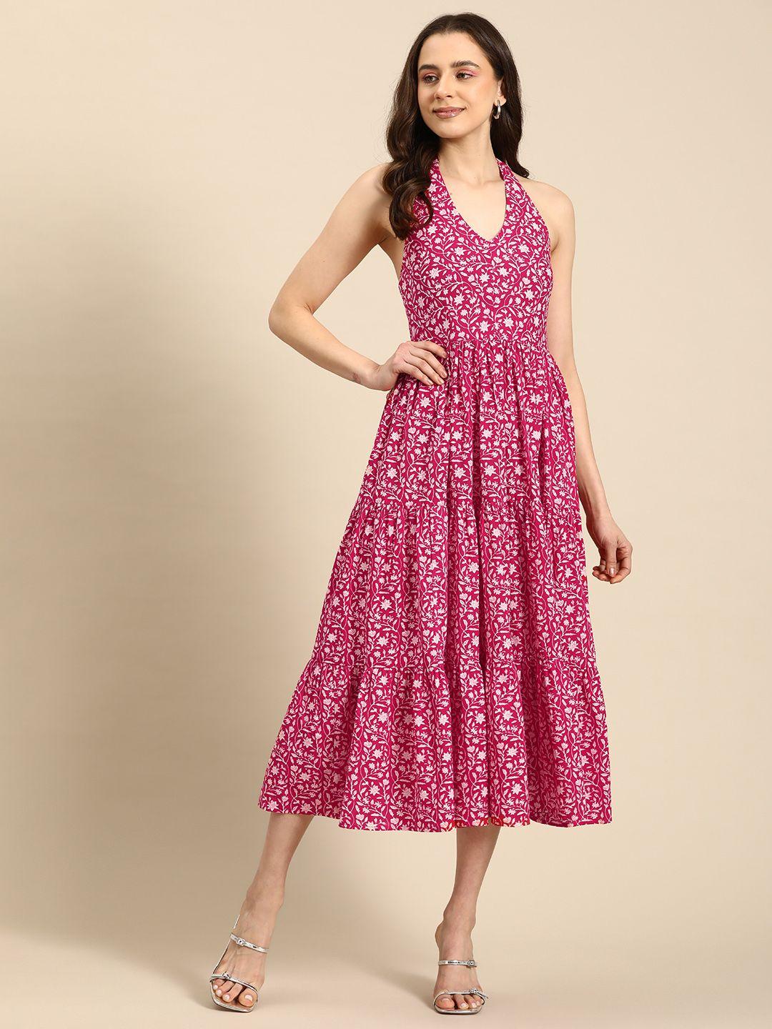 anayna-floral-print-halter-neck-fit-&-flare-pure-cotton-midi-dress