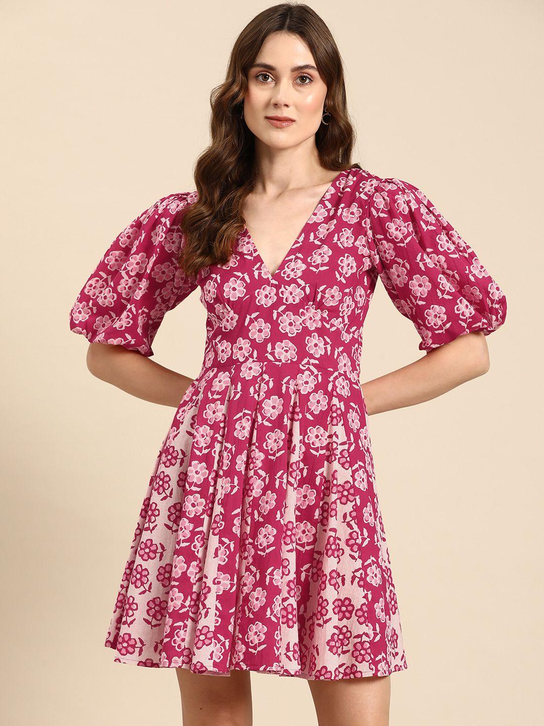 anayna Floral Print Puff Sleeves Fit & Flare Mini Dress
