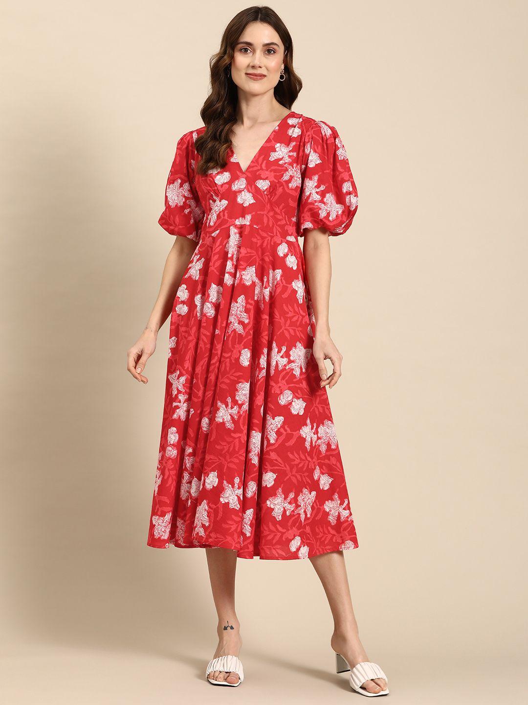 anayna Floral Print Puff Sleeves Pure Cotton A-Line Midi Dress