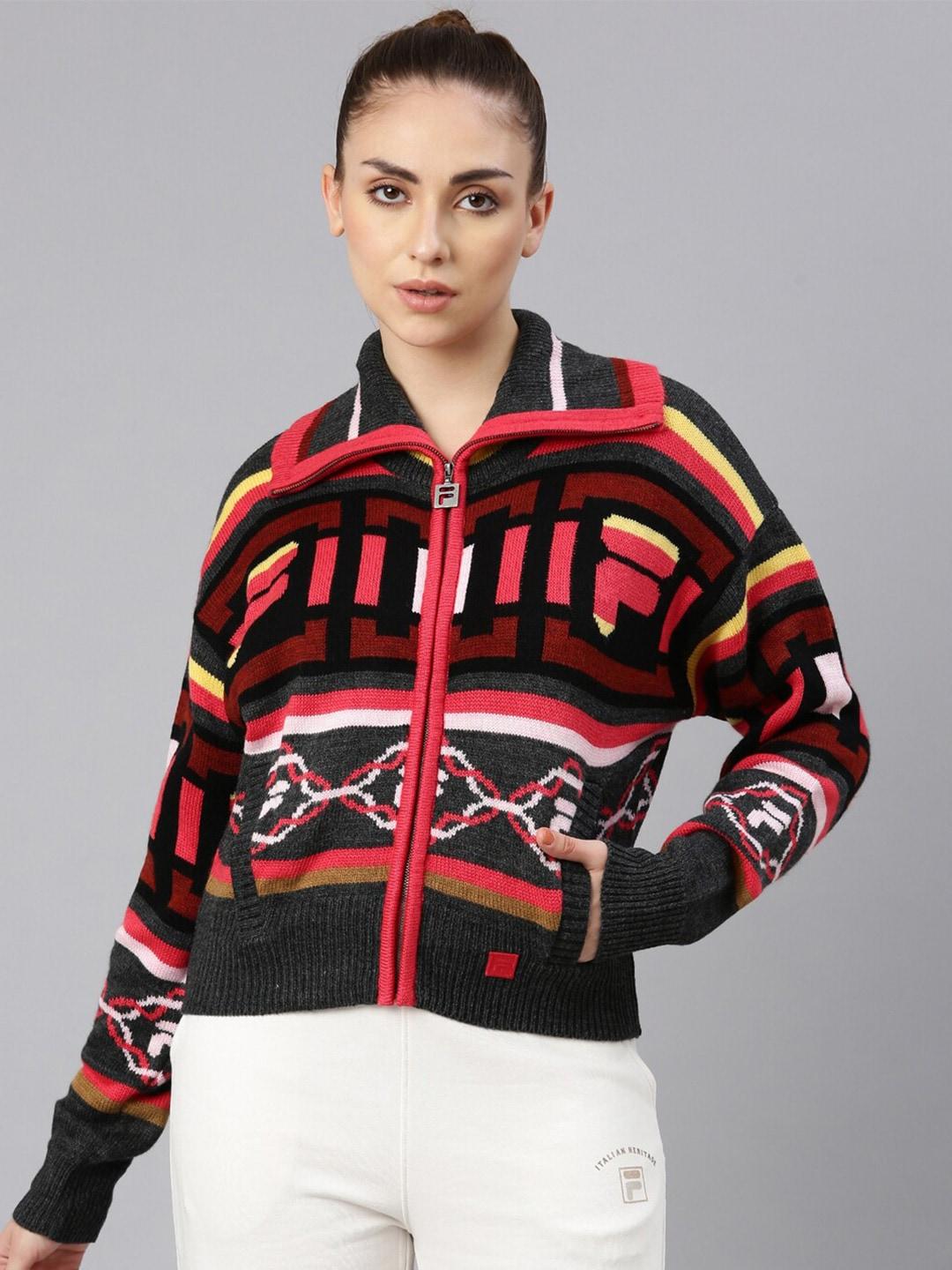 fila-women-quirky-printed-spread-collar-woolen-oversized-cardigan-sweater