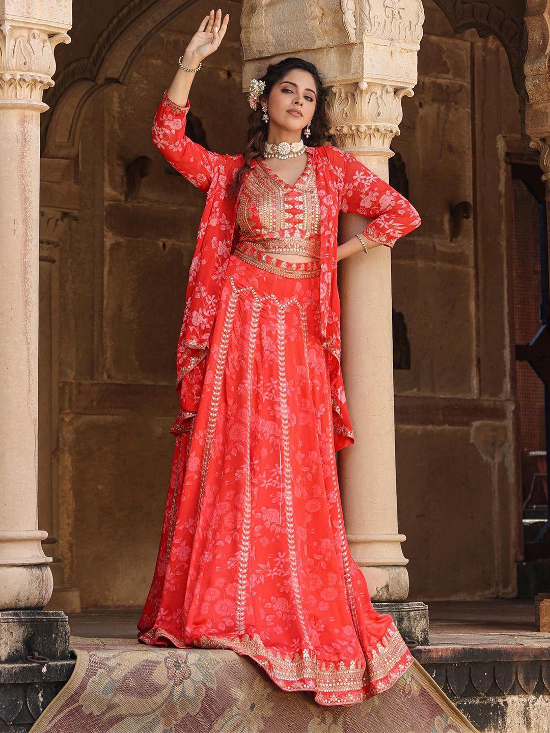 SCAKHI Embroidered Sequinned Detailed Satin Ready to Wear Lehenga & Blouse With Shrug