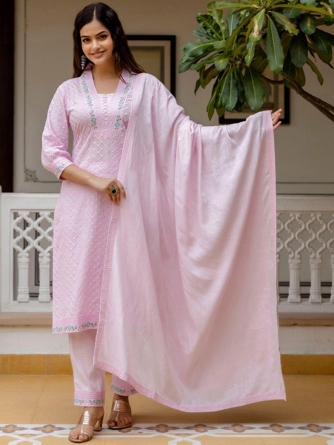 OMASK Ethnic Motifs Embroidered Pure Cotton Straight Kurta with Trousers & Dupatta