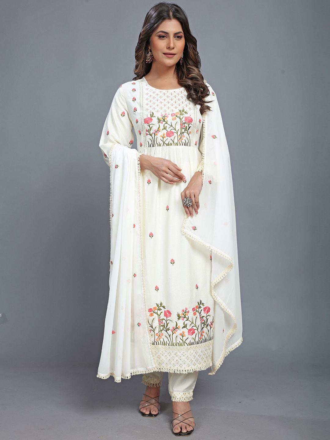 J.KANJI Floral Embroidered Round Neck Pleated Thread Work Kurta with Trousers & Dupatta
