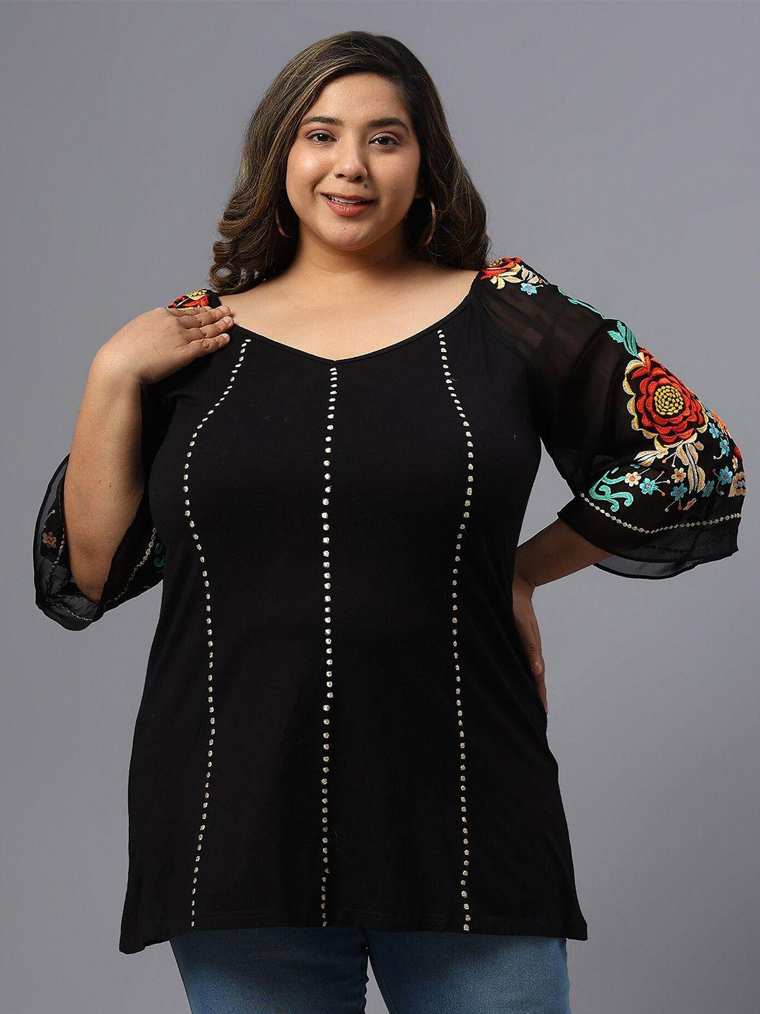 saakaa-plus-size-polka-dot-embroidered-v-neck-longline-pure-cotton-top