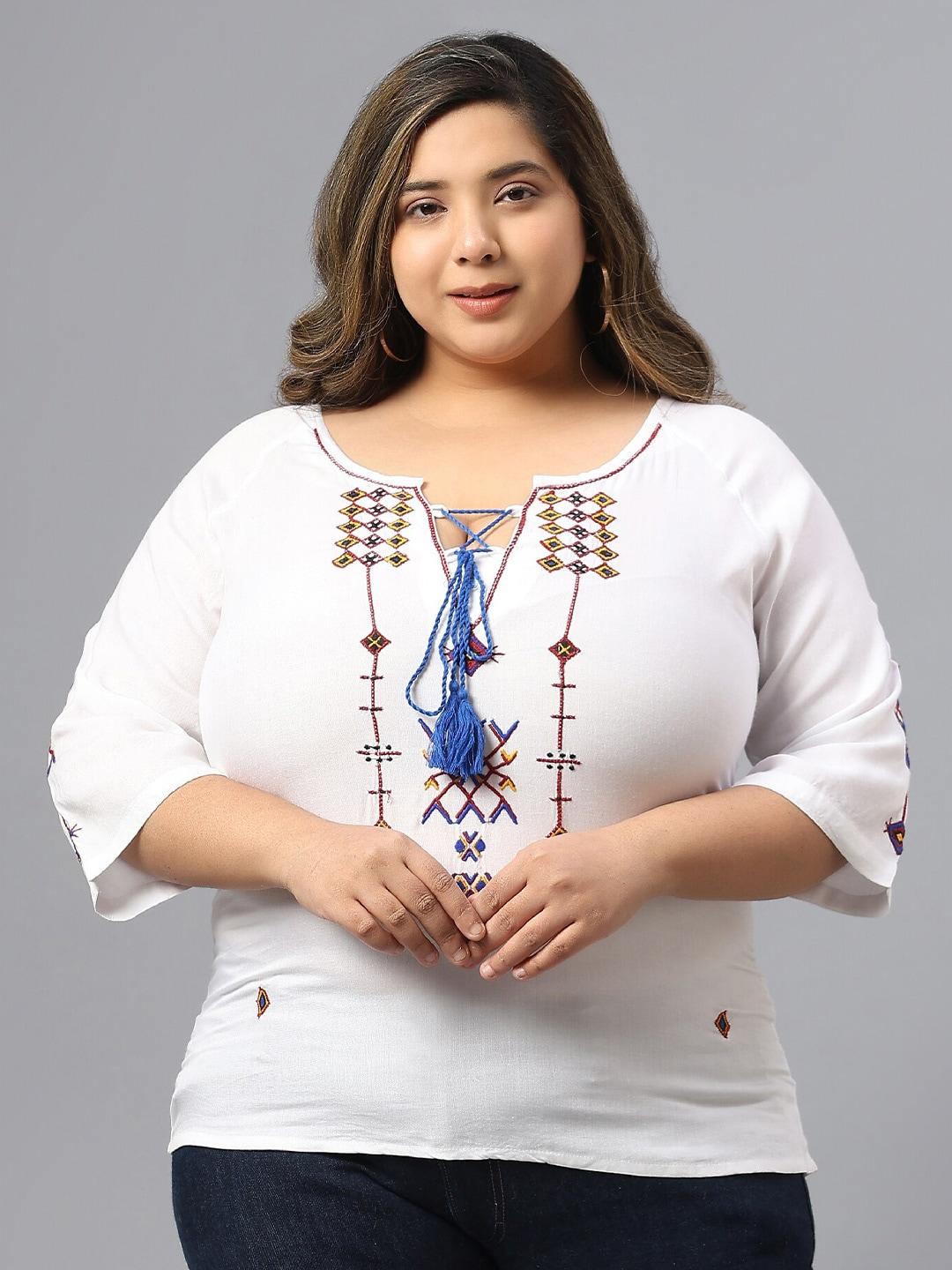 saakaa-plus-size-geometric-embroidered-tie-up-neck-cotton-top