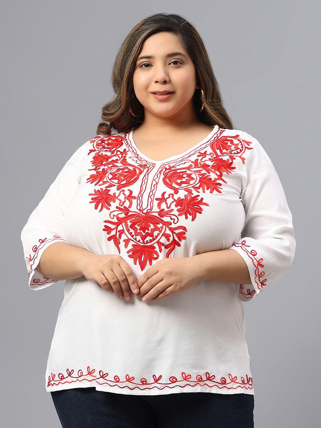 saakaa-plus-size-floral-embroidered-v-neck-cotton-top