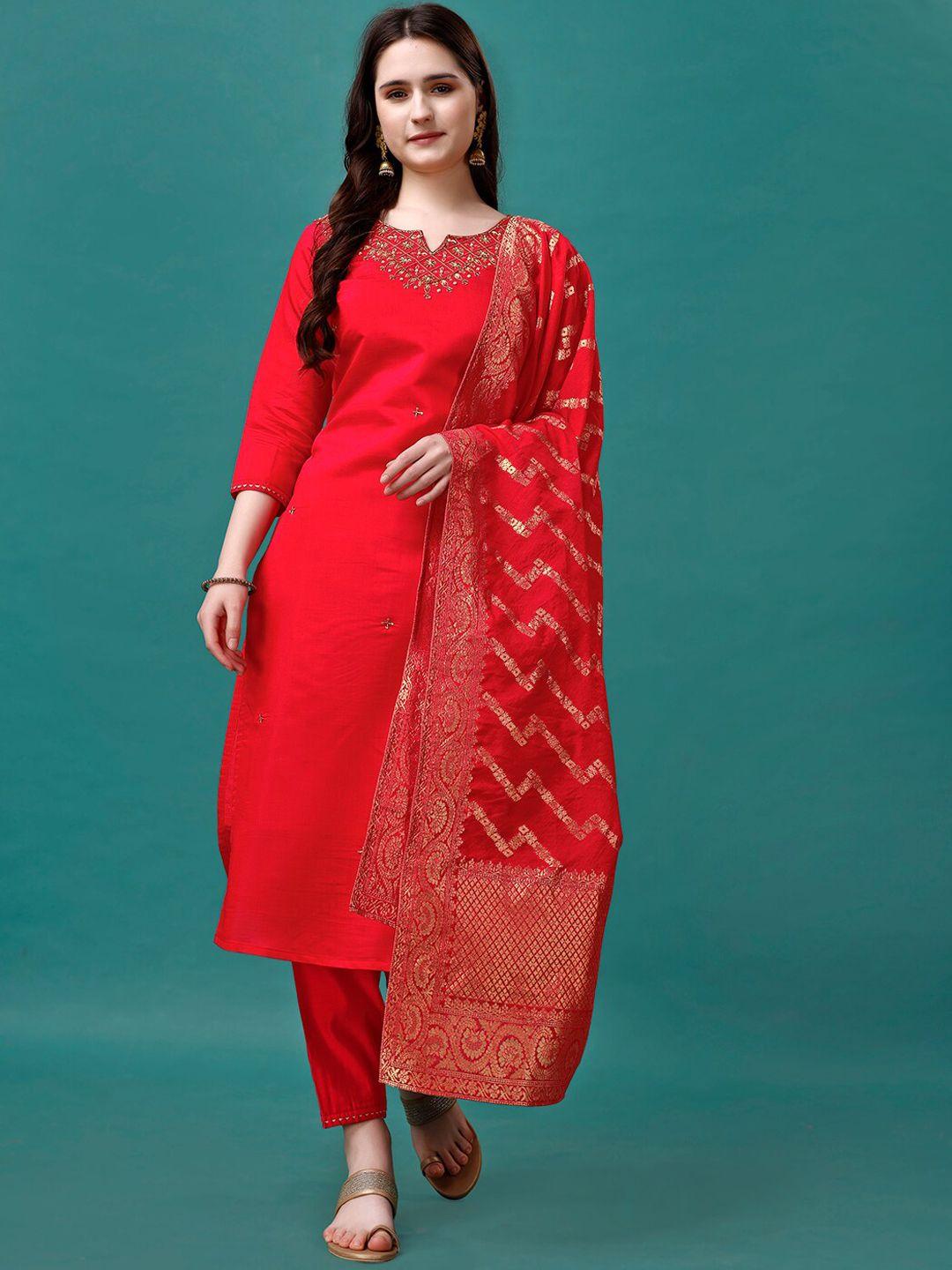 Berrylicious Floral Embroidered Regular Chanderi Cotton Kurta with Trousers &  Dupatta