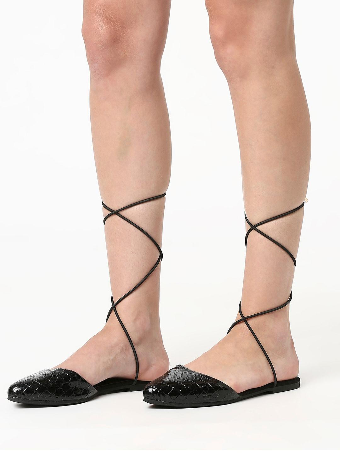 T.ELEVEN Textured Pointed Toe Lace-Ups Mules