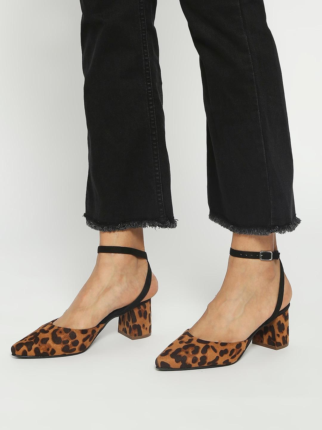 T.ELEVEN Pointed Toe Printed Suede Block Heeled Pumps
