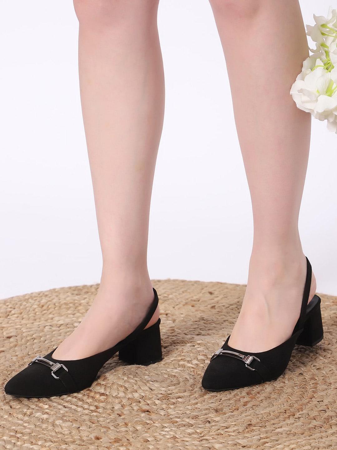 T.ELEVEN Pointed Toe Buckles Detail Suede Block Heeled Pumps