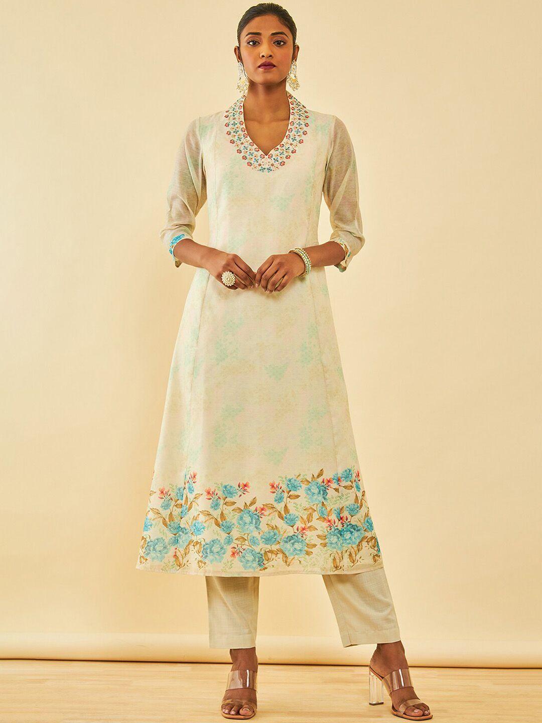 Soch Cream & Blue Floral Printed Chanderi Silk A-Line Kurta With Trousers & Dupatta