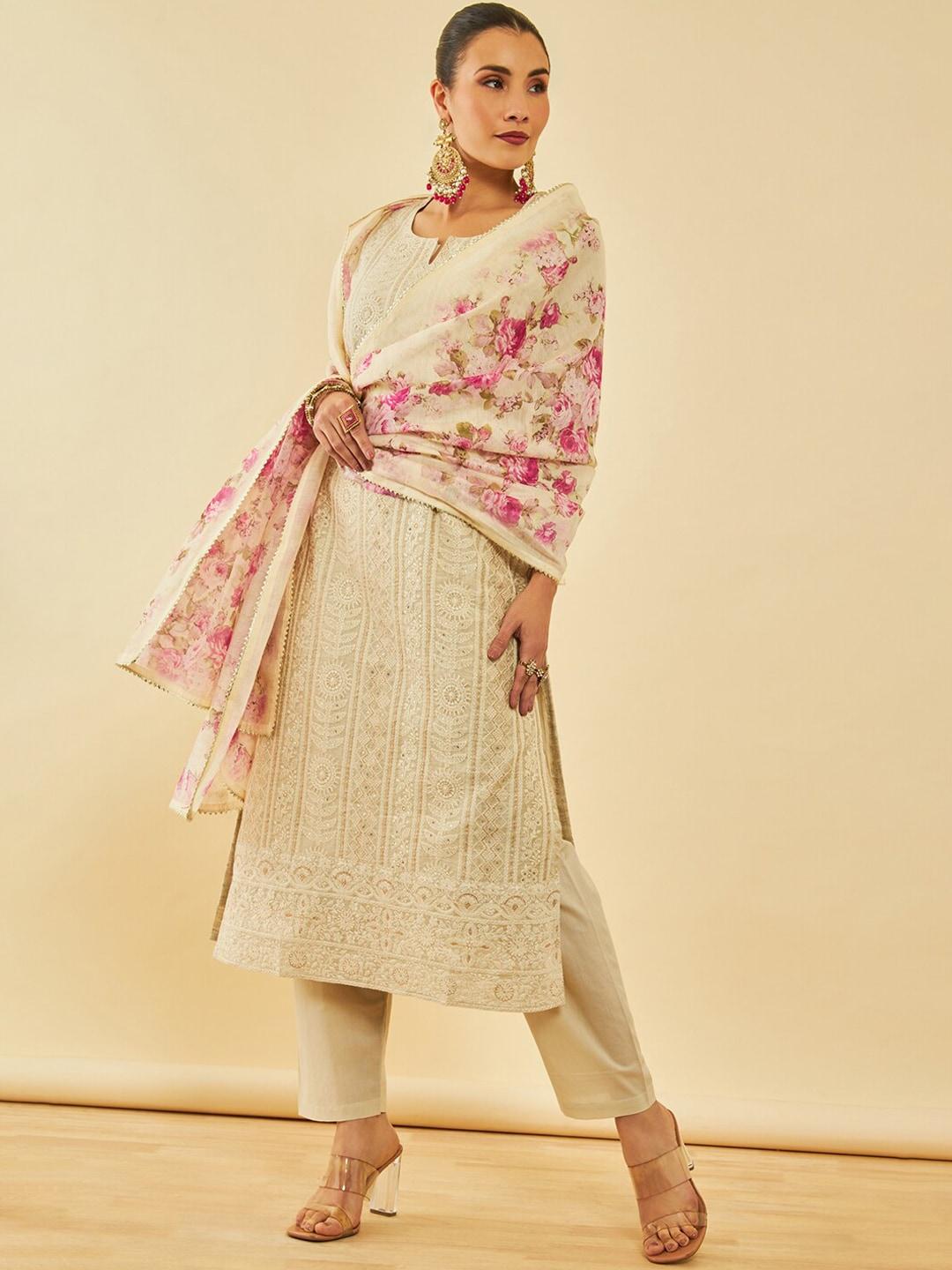 Soch Floral Embroidered Regular Sequinned Chanderi Silk Kurta with Trousers & Dupatta