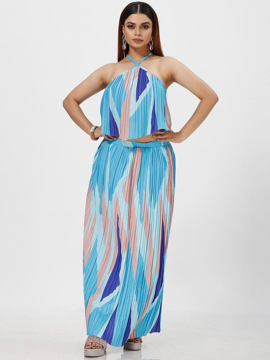 mrutbaa Geometric Printed Pleated Halter-Neck Crop Top With Skirt Co-Ords