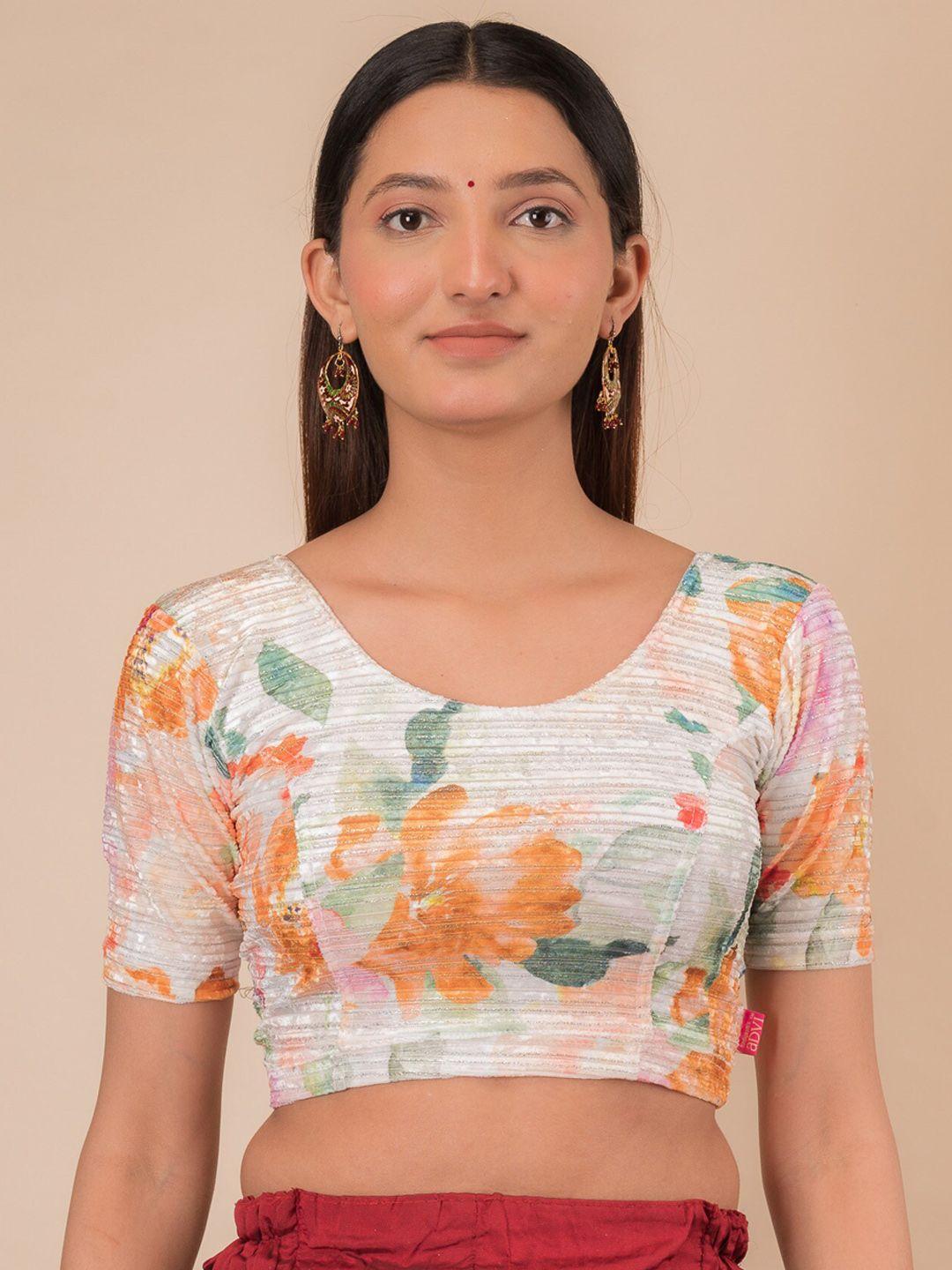 bindigasm's-advi-floral-printed-stretchable-velvet-saree-blouse
