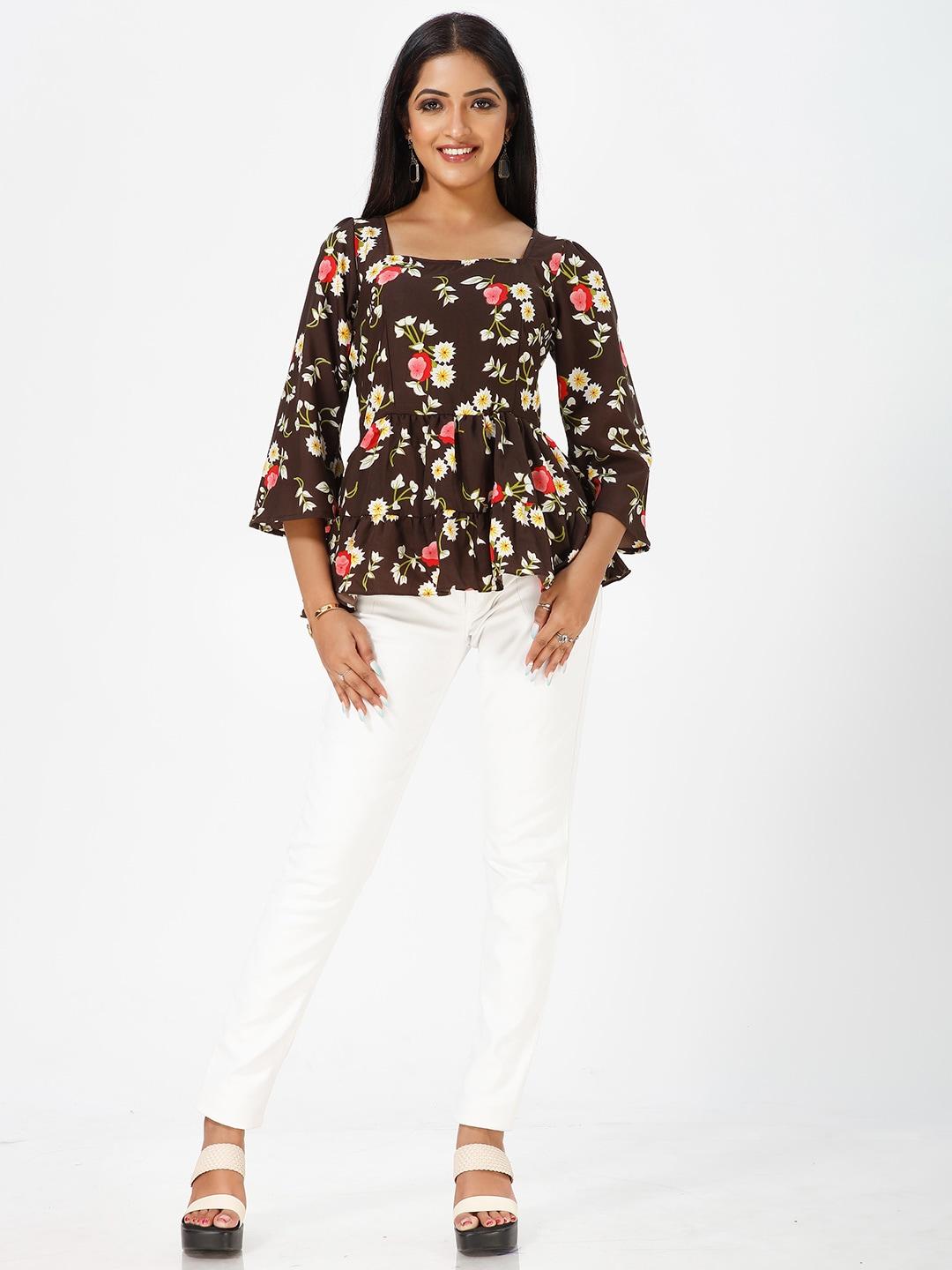 mrutbaa Floral Printed Square Neck Flared Sleeves Gathered Detailed Peplum Top