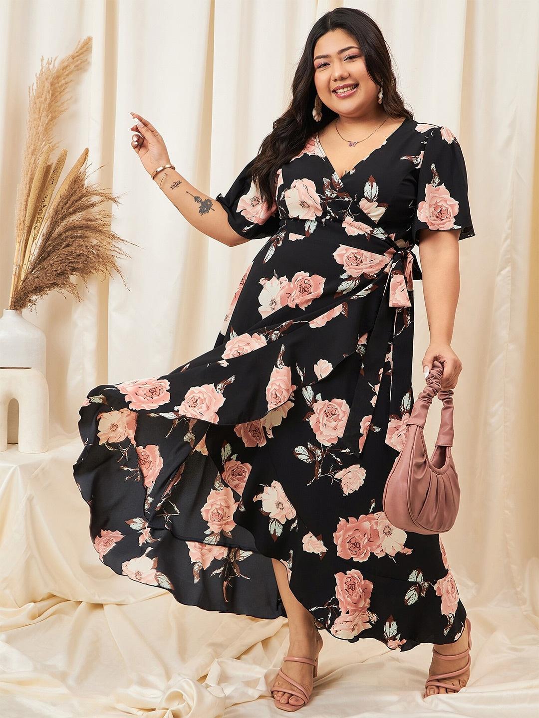Berrylush Curve Floral Print Flared Sleeve Ruffled Crepe Maxi Dress